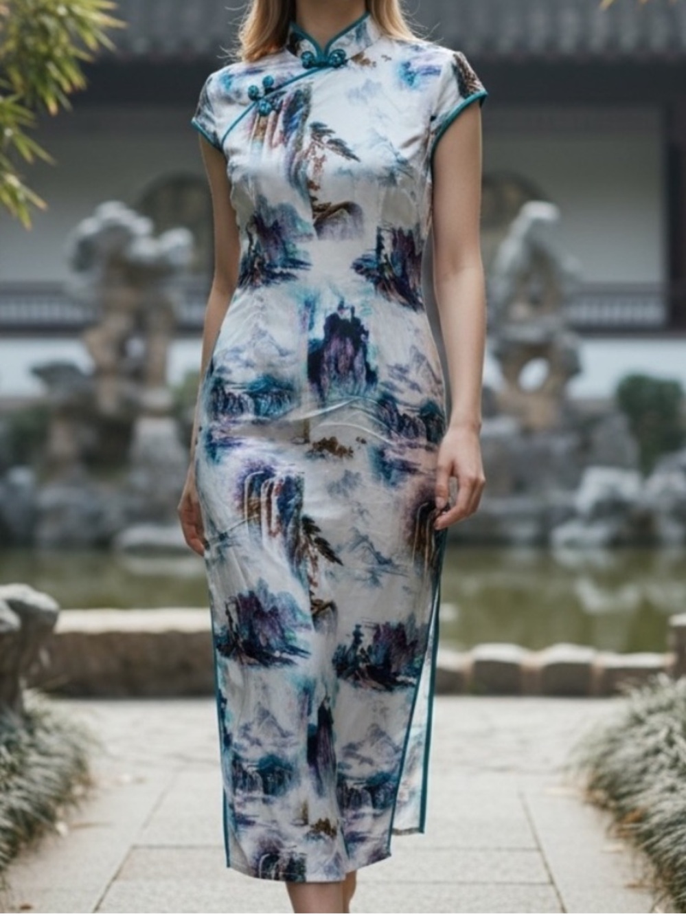 Hemp Blend Scenic Print Maxi Dress XS